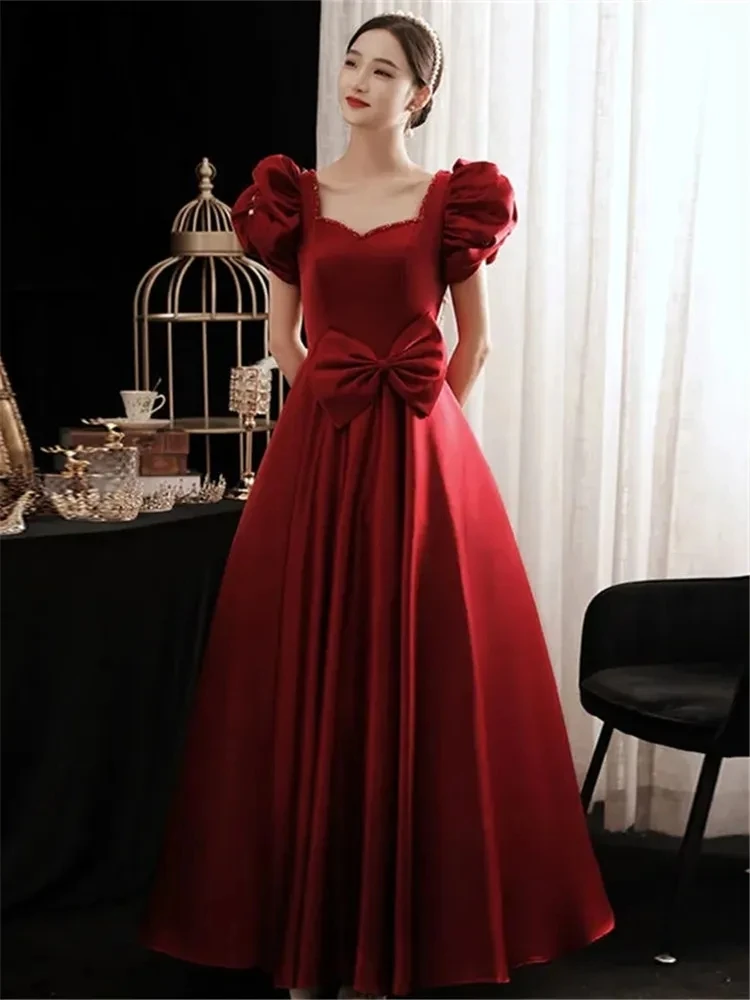

Wine Red Dress for Women Spring Summer Solid Color Beaded Bow Square Collar Short Sleeve Long A-line Skirt Female Clothing A101