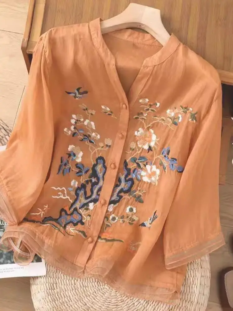 Топ из хлопка и льна для женщин Новинка лета 2023 кардиган с вышивкой рубашка новая