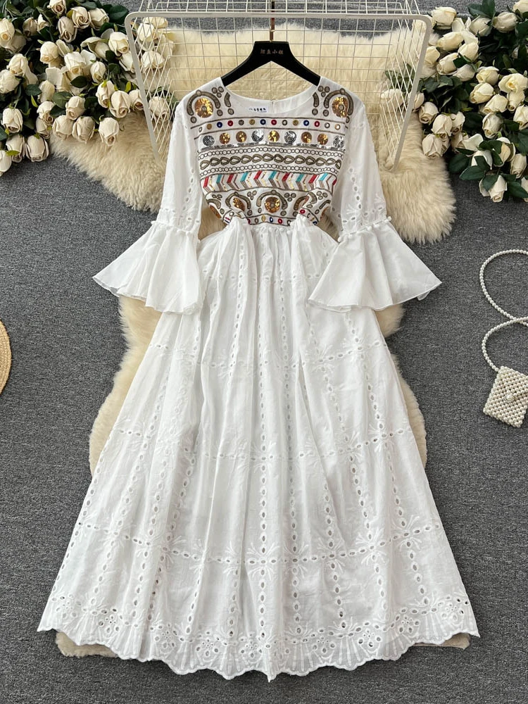 Женское богемное длинное платье летнее ажурное винтажное с рукавами-лепестками