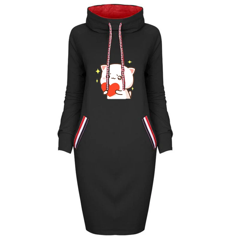 

Dresses for Women 2022 Casual Hooded Long Sleeve Dress Woman Heart Cat Print Female Autumn Winter Knee Length Women Dresses New