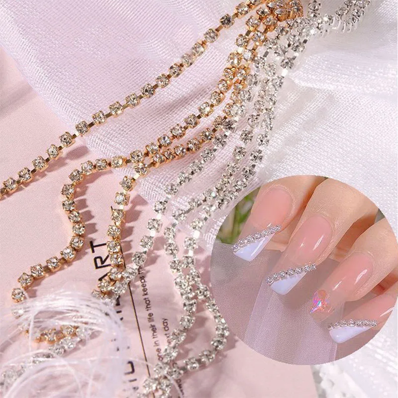 

nail art rhinestones gold silver metal chain 50cm/100cm glitter zircon diamond pearls nail decoration shiny 3d charms RS019