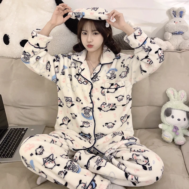 

Sanrio Pachacco Coral Fleece Pajamas Kawaii Female Autumn and Winter Warm Homewear Two-piece Set Thickened Warm Cardigan Pajamas