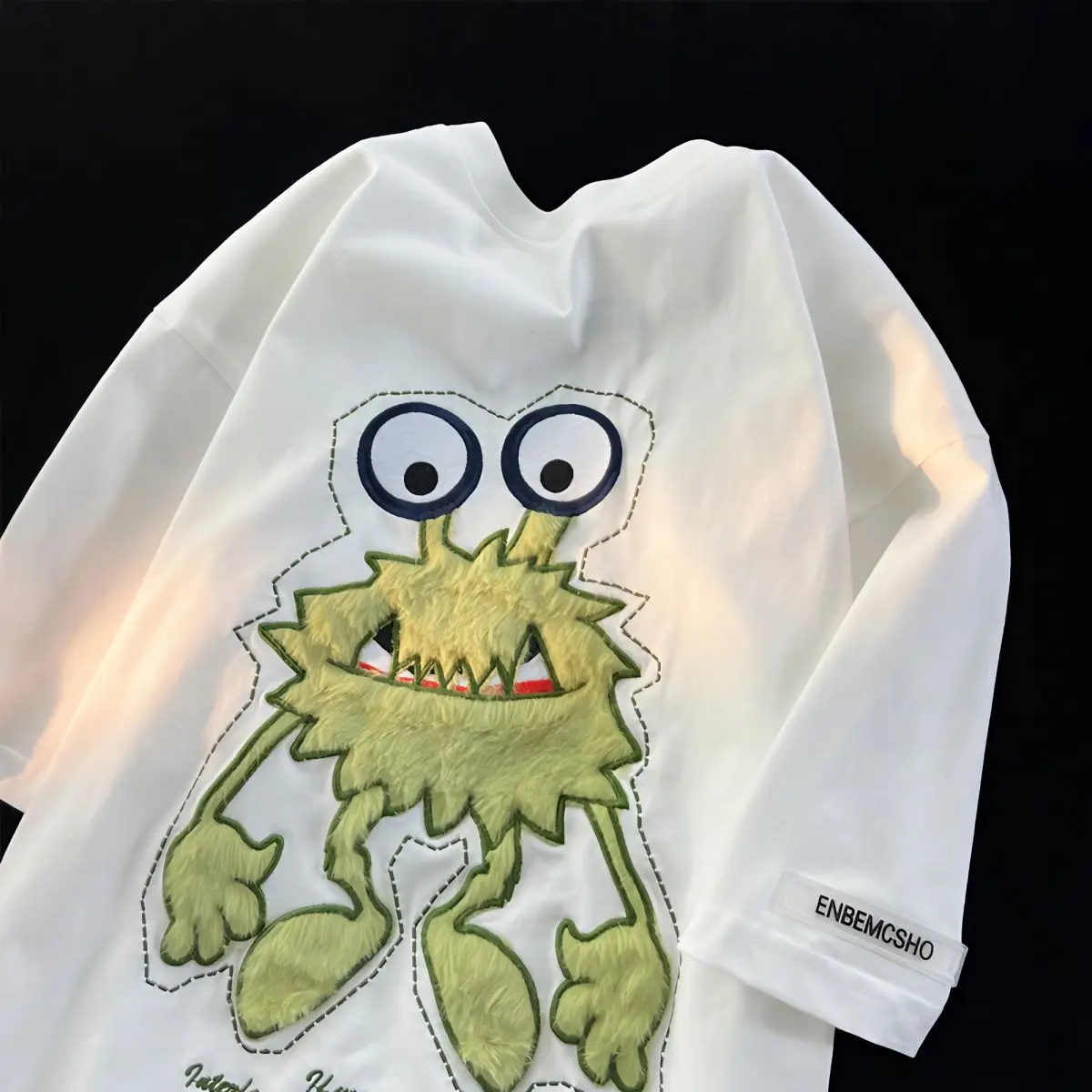 

American High Street Flocking Alien Monster Embroidery Short Sleeve Menand WomenSmall Size Loose Couple T-shirt Ins Trendy Top