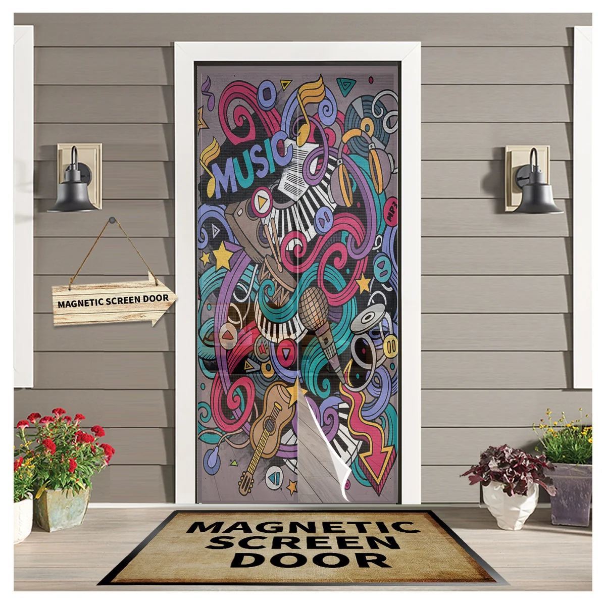 

Граффити музыка красочная рок-н-ролл Магнитная Дверь Окно экран занавеска летняя москитная сетка магнитная сетка для дома дверной экран
