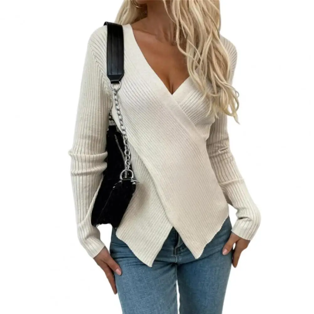 

Women Sweater Solid Color Deep V Neck Split Long Sleeves Pullover Warm Knitting Elastic OL Style Spring Top Female Clothes