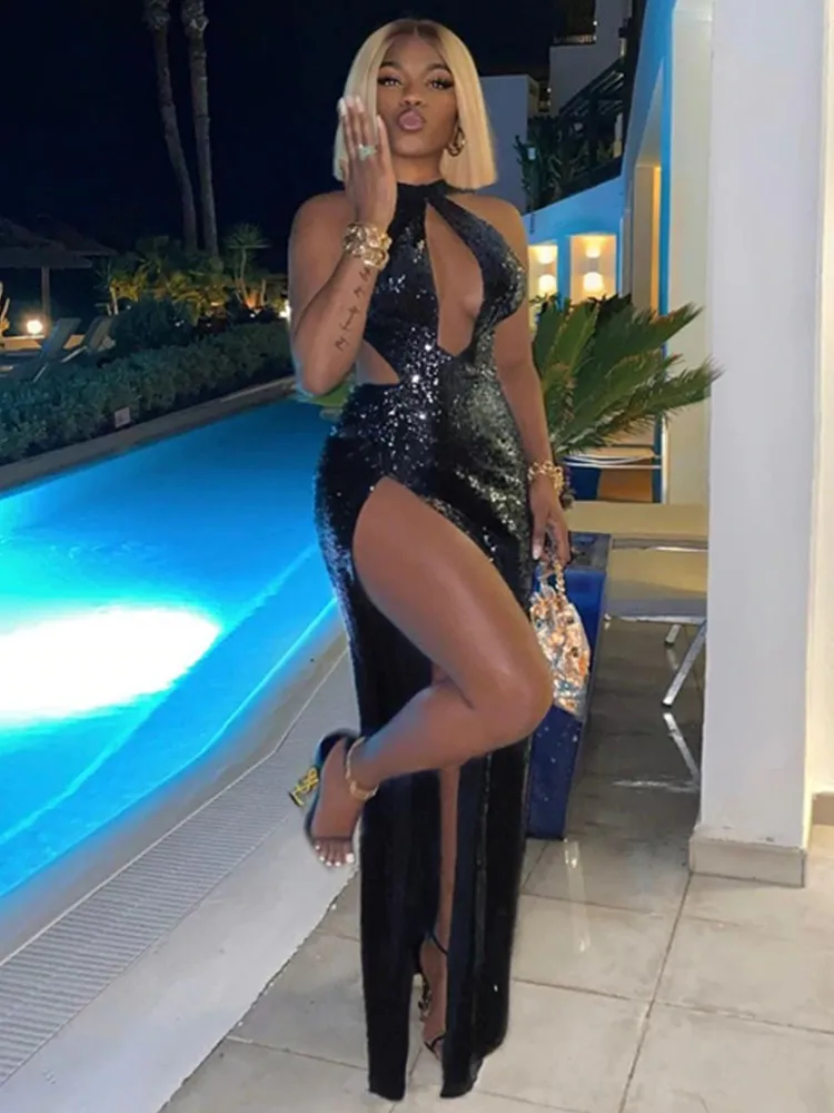 

Women Summer Sexy Backless Key Hole Black Mesh Sequins Glitter Sparkly Maxi Long Dress 2022 Elegant Evening Club Party Dress