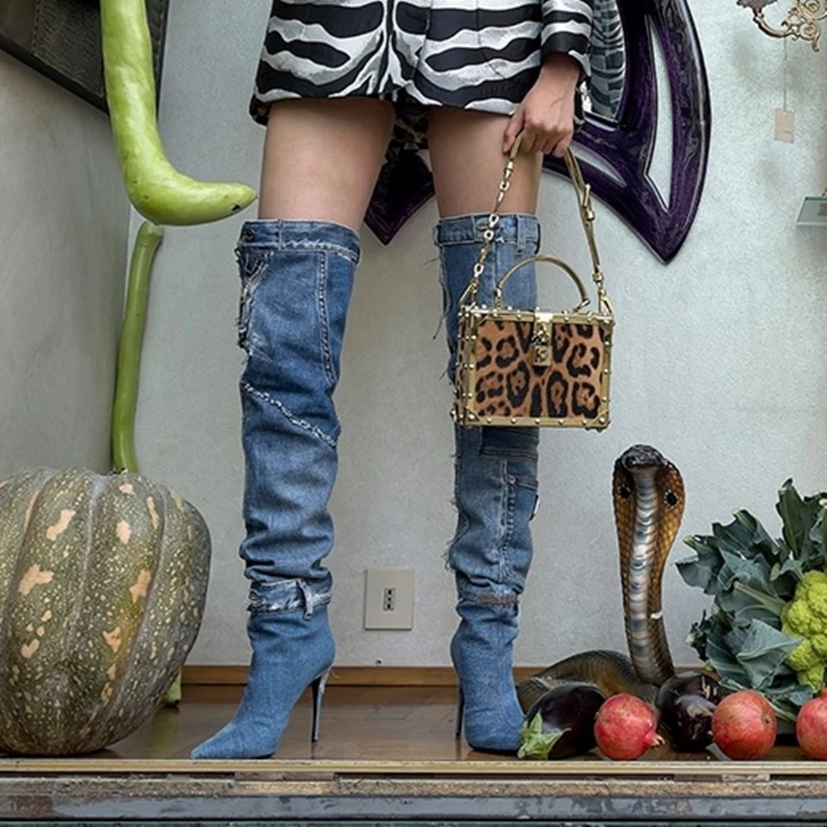 

Dark Blue Denim Flip Plush Over the Knee Boots Pointed Toe Ruched Pocket Designer Women' Slip-on Party Dress Shoes Winter