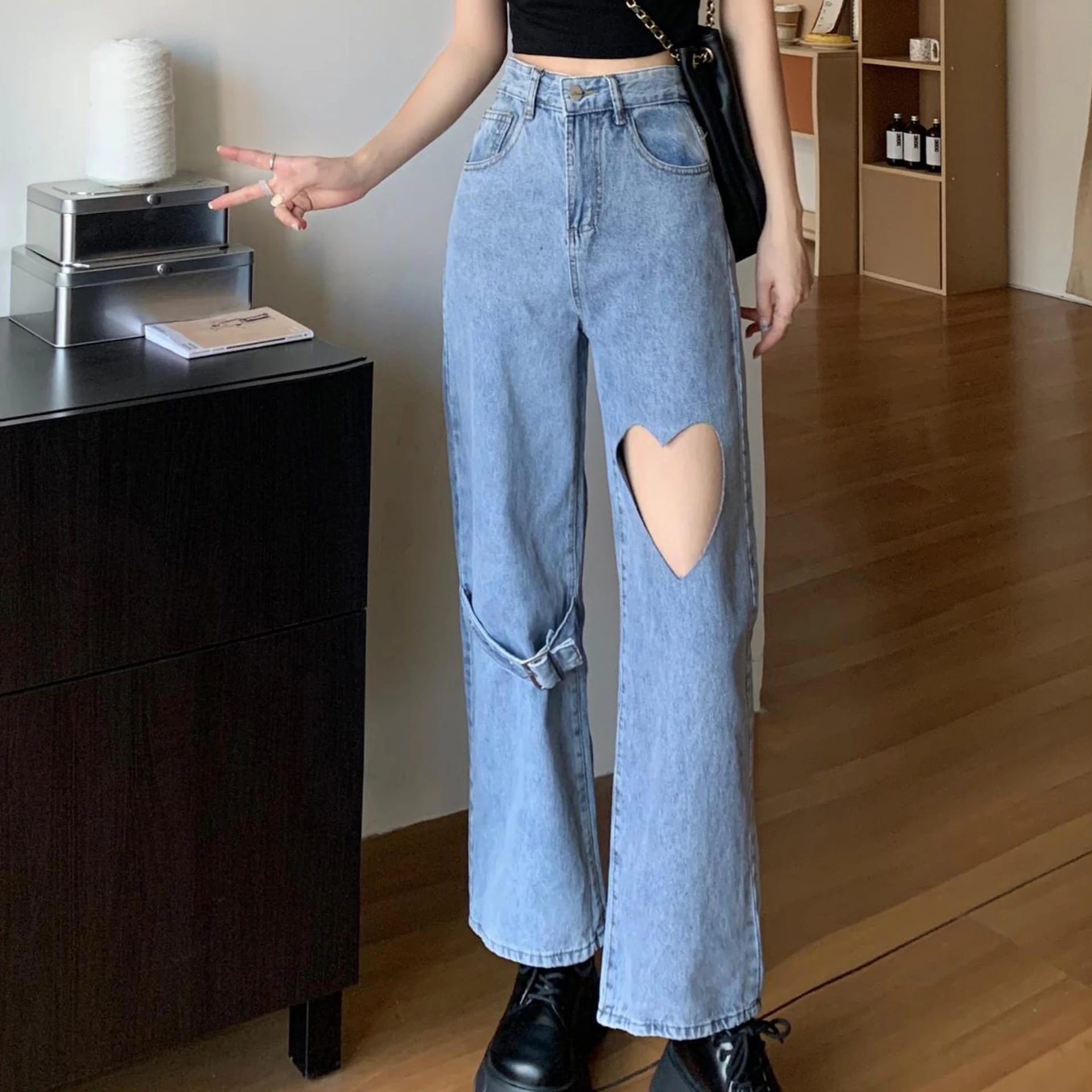 2023 New Blue Fall Spring Waist Straight Women's  Hollow out Jeans Women Denim Trousers Korean Clothing Fashion Streetwear Baggy