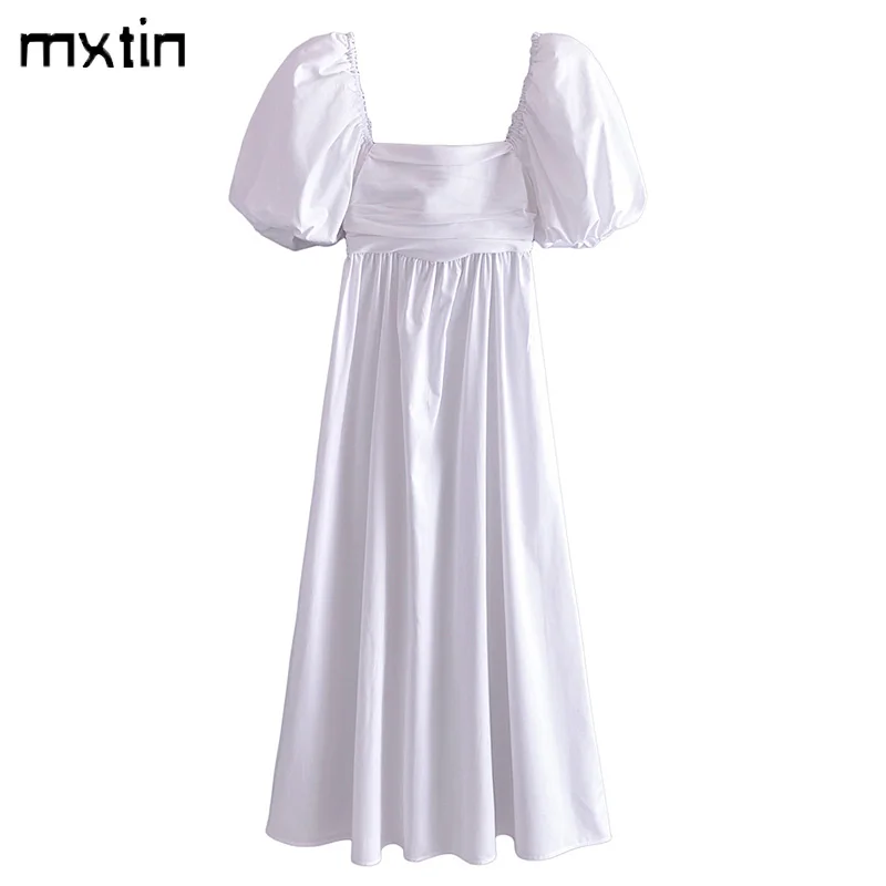Vestido Midi plisado de verano para mujer, prenda informal con pliegues blancos, cuello cuadrado Vintage, manga abombada, 2022
