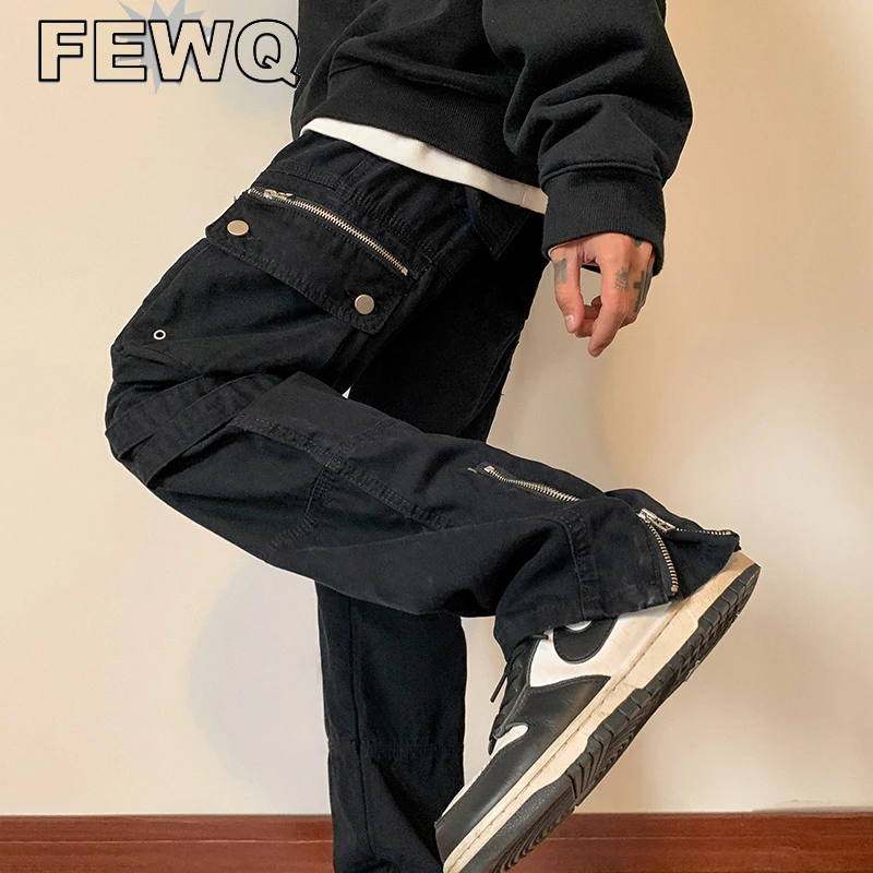 

FEWQ Zipper Multi Pocekts Male Overalls Casual Spliced Men 2023 Spring Tide New Cargo Pant Straight Safari Style Trousers 9Y3697