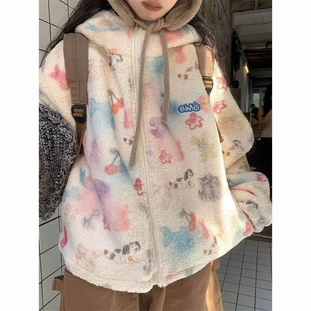Фото Хлопковая зимняя куртка Kawaii с граффити из овечьей шерсти, женская Cutecore, теплые толстовки с капюшоном на молнии, корейское Y2K, Лолита, бежевое, розовое, пушистое пальто №3