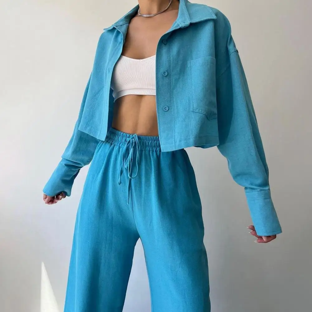 

Fall Lady Trousers Set Stylish Women's Suit Set Chic Turn-down Collar Jacket Loose Single-breasted Cardigan Coat High Waist Wide
