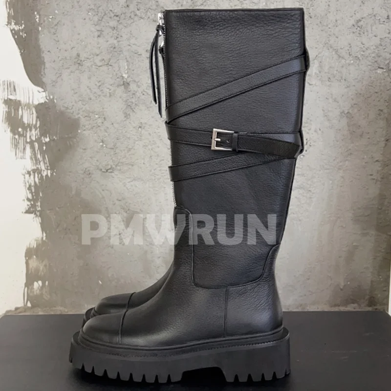 

Женские длинные ботинки весна-осень из натуральной кожи с верхним круглым носком на толстой подошве Длинные ботинки лаконичная универсальная женская обувь