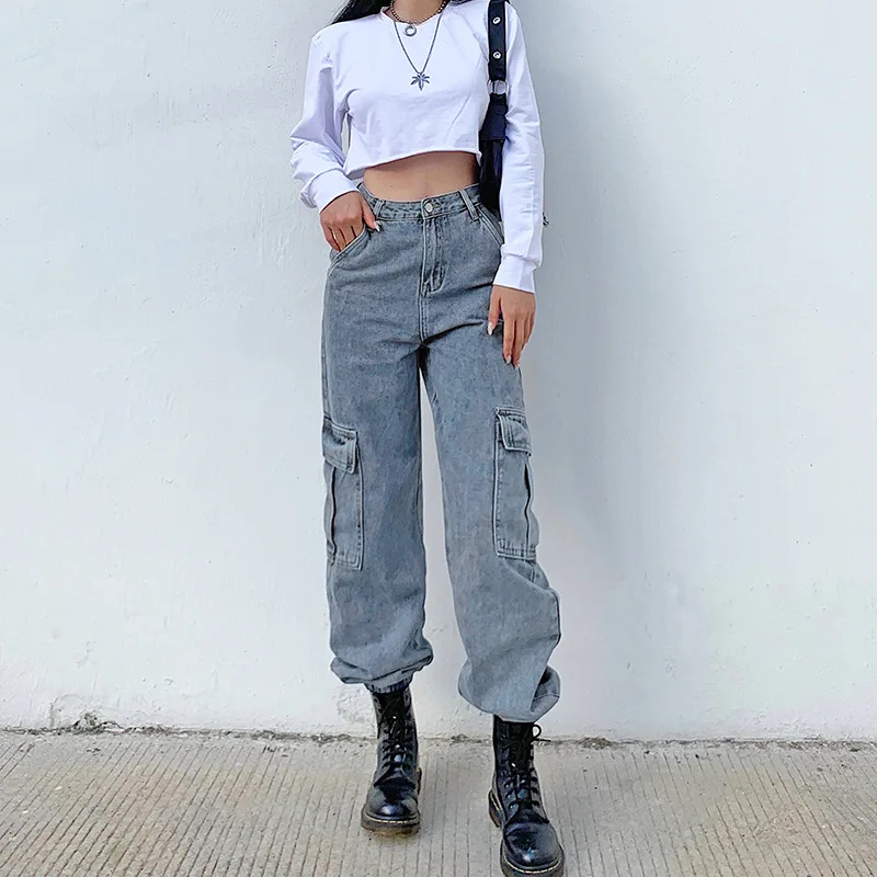 

Streetwear Women Loosed Fashion High Waist Zipper with Big Pockets for Hip Hop Vintage Demin All-match Long Jeans Cargo Pants