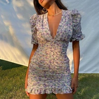 2021 fashion elegant print boho floral office lady street puff sleeve v neck slim women dress summer club party beach dresses