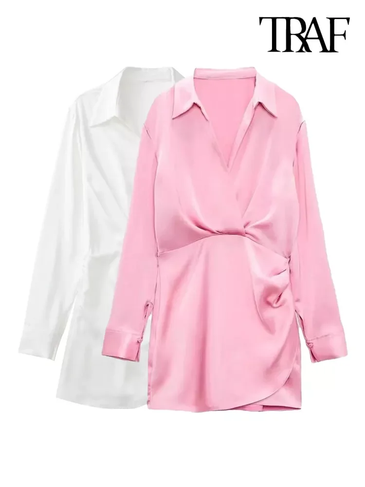 

TRAF Women Fashion With Gathered Satin Mini Dress Vintage V Neck Long Sleeve Female Dresses Vestidos Mujer