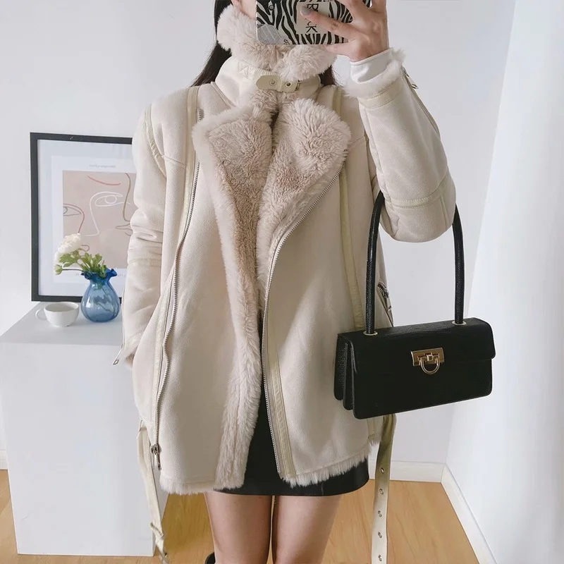 Women European and American Style Plus Velvet Double-sided Coats New Fur Lamb Hair Solid Patchwork Zipper Jackets Design Casual