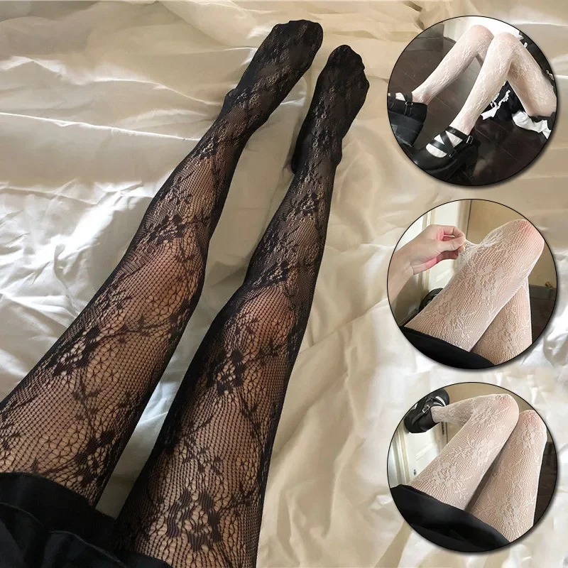 Black White Pantyhose Summer Rose Flower Pattern Thin Fishnet Socks Retro Style Lace Romper Clothing Accessories