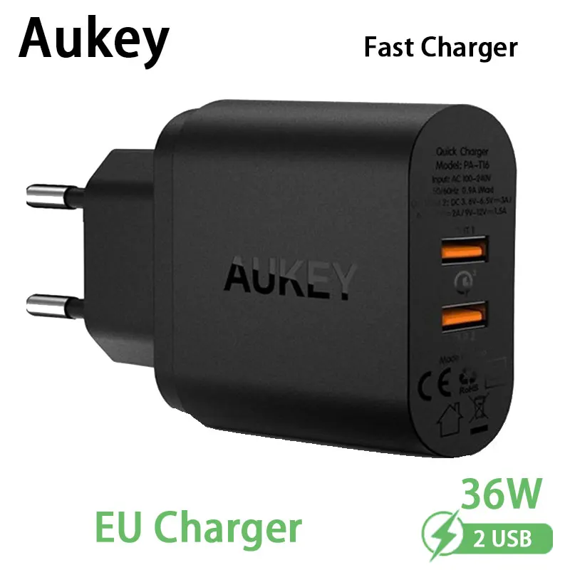 

AUKEY PA-T16 EU быстрое зарядное устройство 36 Вт QC3.0 2USB, зарядное устройство европейского стандарта для телефонов HUAWEI Xiaomi Android
