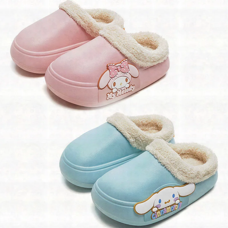 

Новинка 2022, Симпатичные плюшевые детские хлопковые тапочки Sanrio Cinnamoroll Kawai, теплая и утолщенная Нескользящая водонепроницаемая обувь для зим...