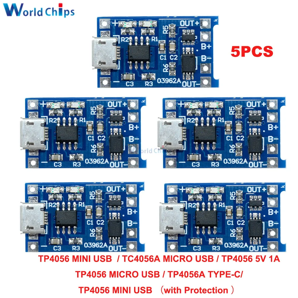 

5PCS 5V 1A Micro USB 18650 Type-c Mini Lithium Battery Charging Board Charger Module Protection Dual Functions TP4056 TP4056A