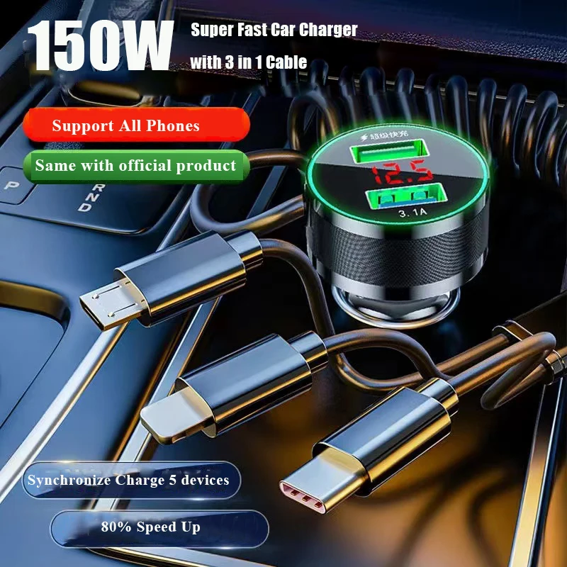 

5 in 1 USB Car Charger 3.0 Quick Charge 150W Super Fast Charging Adapter for Xiaomi Samsung iPhone 13 12 11 Pro max iPad Phone