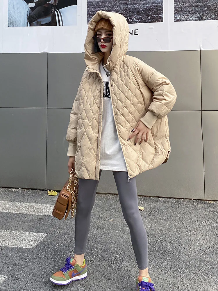 Women Down Parkas 2022 Fashion Loose Windproof Hooded Lattice Mid-Length White Duck Down Outwears Female Oversize Coats