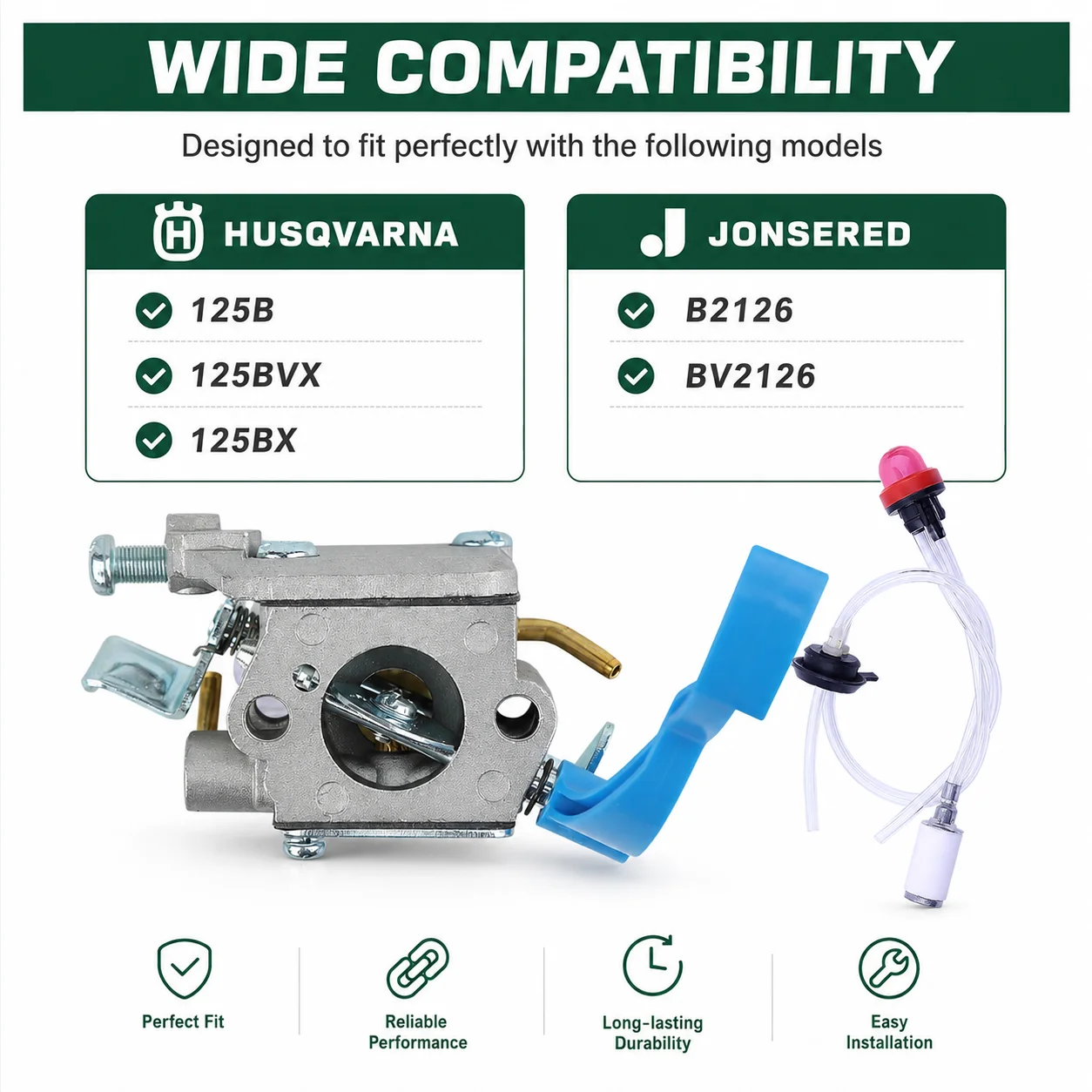 Фото Комплект карбюратора для Husqvarna 125B 125BVX 125BX Jonsered B2126, C1Q-W37 545081811 581798001, топливопровод, свеча зажигания, воздушный фильтр №3