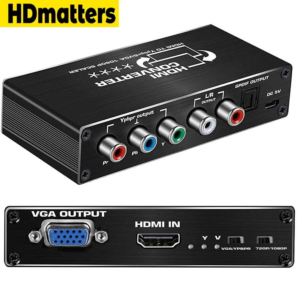 HDMI to Component Scaler Converter 1080P HDMI to VGA or YPbPr 5RCA Video Converter Adapter with Optical Toslink SPDIF R/L Audio