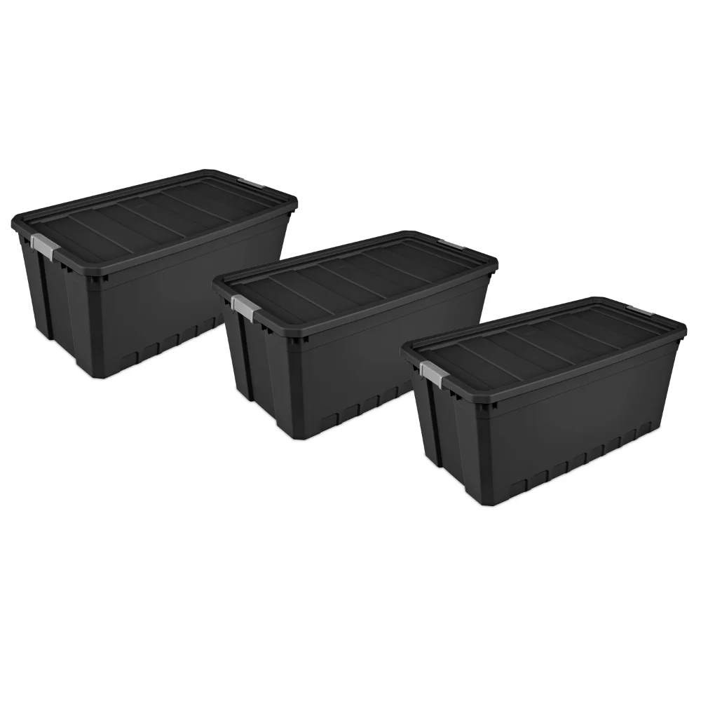 

Sterilite 50 Gallon Stacker Tote Plastic, Black, Set of 3 Storage Boxes 39.75 X 21.50 X 17.88 Inches