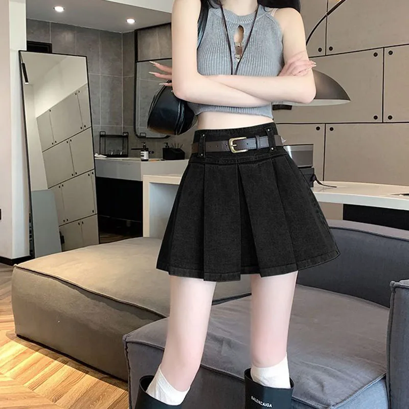 Женская джинсовая мини-юбка с поясом винтажная плиссированная юбка