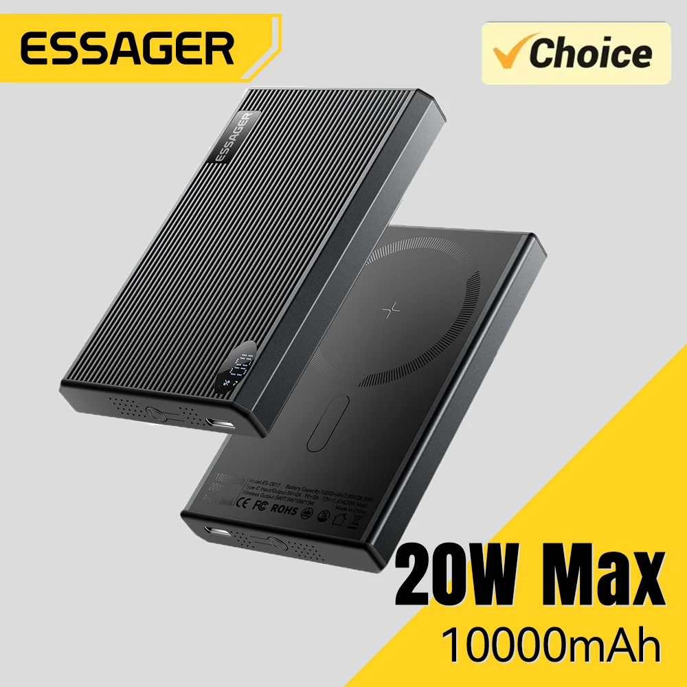 Тонкий магнитный внешний аккумулятор Essager 20 Вт 10000 мАч светодиодный портативный