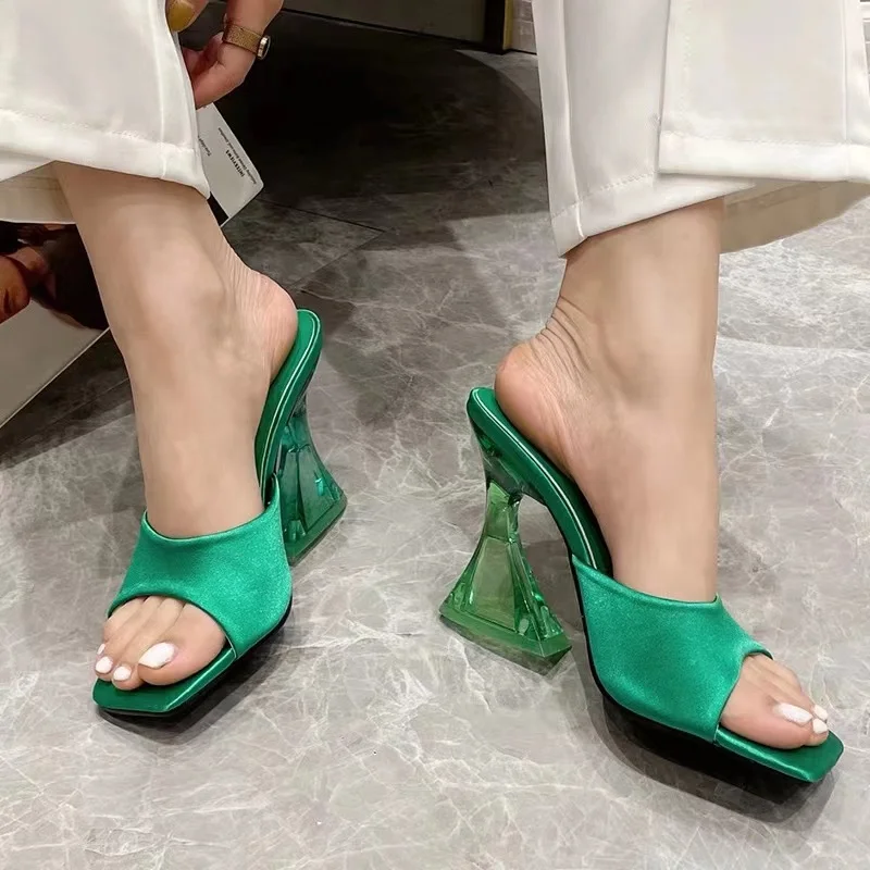 

Summer Green Women's Shoes Slippers Silky Wide Band Transparent Strange High Heels Comfortable PU Leather Slides Sandals Pumps