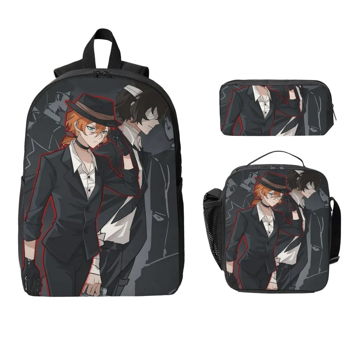 Фото Bungou Stray Dogs Wan Аниме Dazai And Chuuya Рюкзак BookBag Школьная сумка Сумки на плечо 3ps Изолированная сумка для обеда Пенал №1