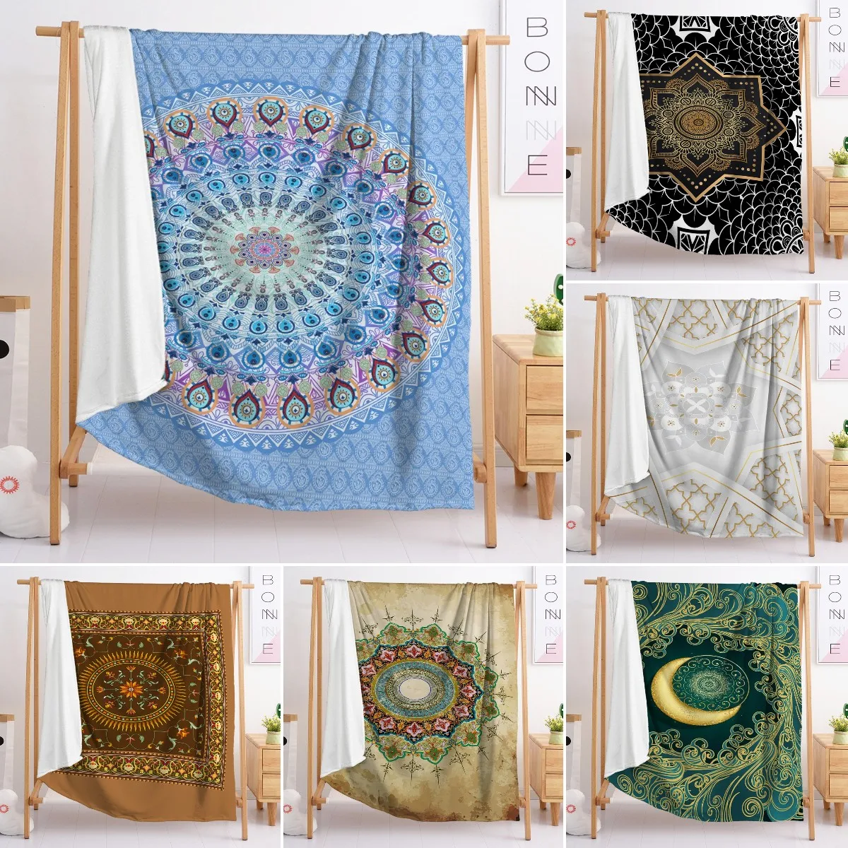 

Mandala Flannel Throw Blanket Boho Style Peacock Feather for Bed Couch Sofa Blanket Super Soft Lightweight King Queen Full Size