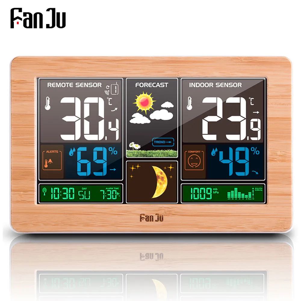 FanJu-estación meteorológica Digital para escritorio, reloj de pared con alarma, Sensor inalámbrico, termómetro, higrómetro, barómetro, pronóstico del tiempo, FJ3378