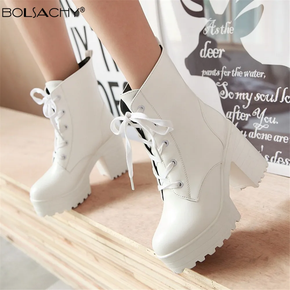 

Boots Women 2022 Winter Shoes High Heel Lace Up Ankle Boots Buckle Platform White Black Women Shoes Zapatos de Mujer 33-43