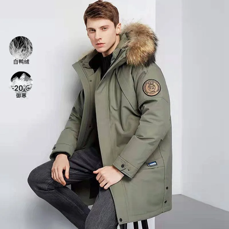 

Down jacket medium length overalls for men, fashionable men's winter new high-end, big fur collar, white duck down