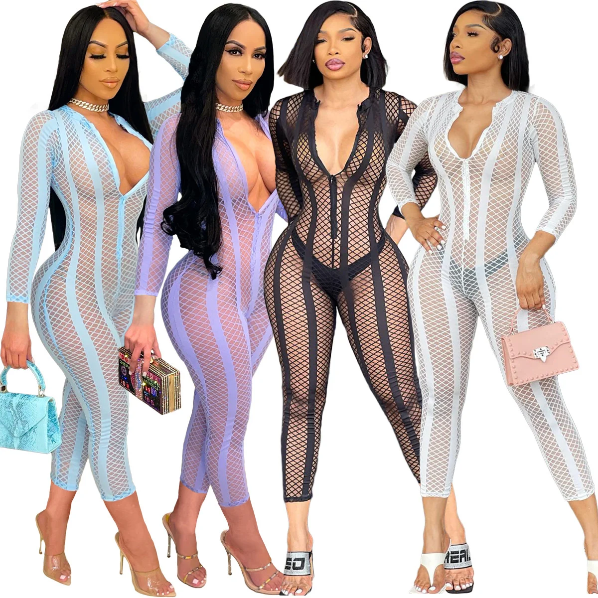 

Zoctuo Sexy Party Club V Neck Women Bodycon Jumpsuit Casual Long Sleeve One Piece Outfit Overalls See Through Rompers Streetw