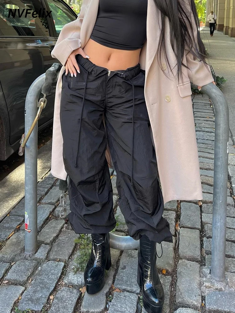 

Женские брюки-карго Y2k в стиле пэчворк с завязками и карманами, винтажные модные уличные мешковатые широкие повседневные брюки-карго с высокой талией, новинка на осень