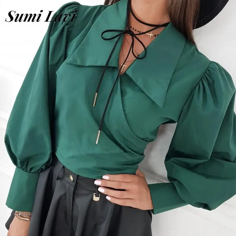 

New Fashion Women Puff Long Sleeve Bow Blouse Casual V Neck Solid Lace Up Shirt Spring Elegant Lapel Neck OL Cropped Tops Blousa
