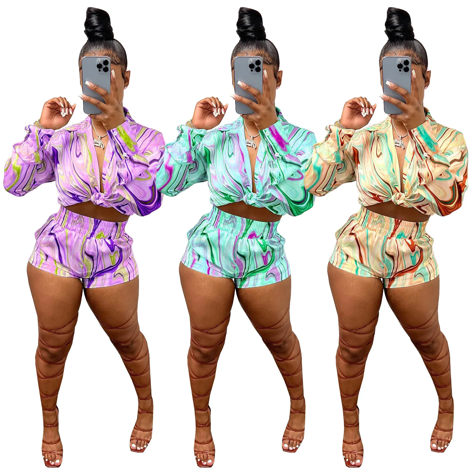 

Woman 2pcs Suit Colorfull Stripes Printed V Neck Turn Down Button Long Sleeve Blouse+Shorts Tracksuit S-2XL