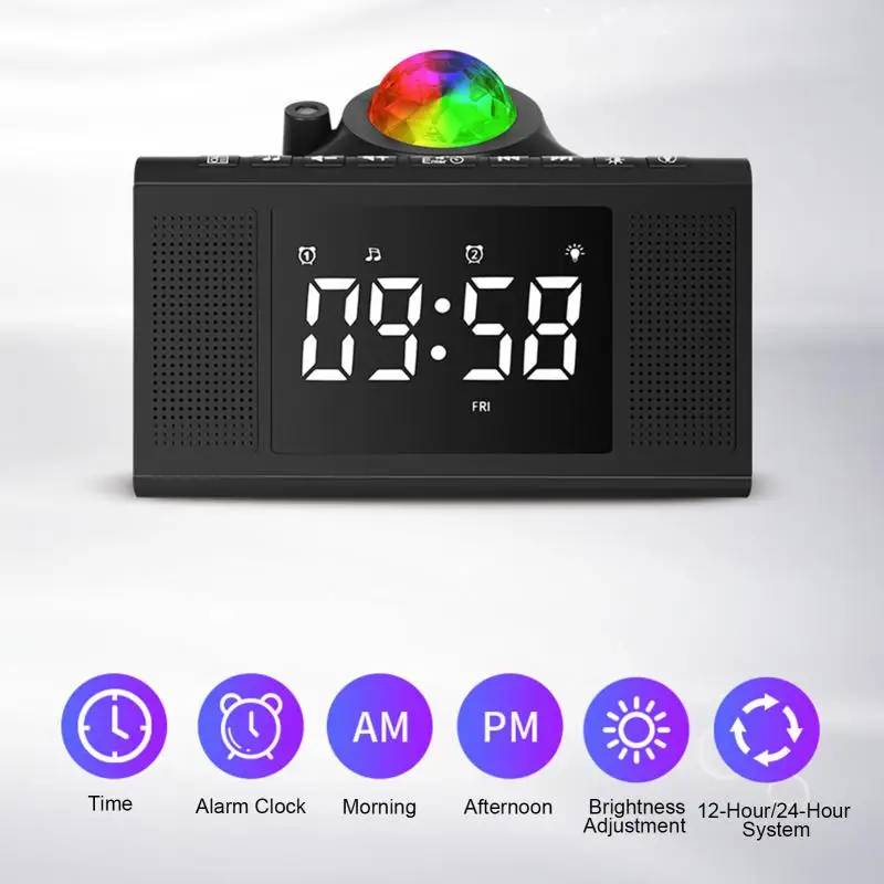 

Smart Digital Alarm Clock With Speakers Clock Remote Control Starry Sky Projection Lights FM Radio Home Decor Tools