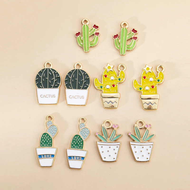 

YEYULIN 10pcs Mix Styles Enamel Cartoon Green Plant Cactus Charms Pendants Fit Earring Bracelet DIY Jewelry Making Accessories