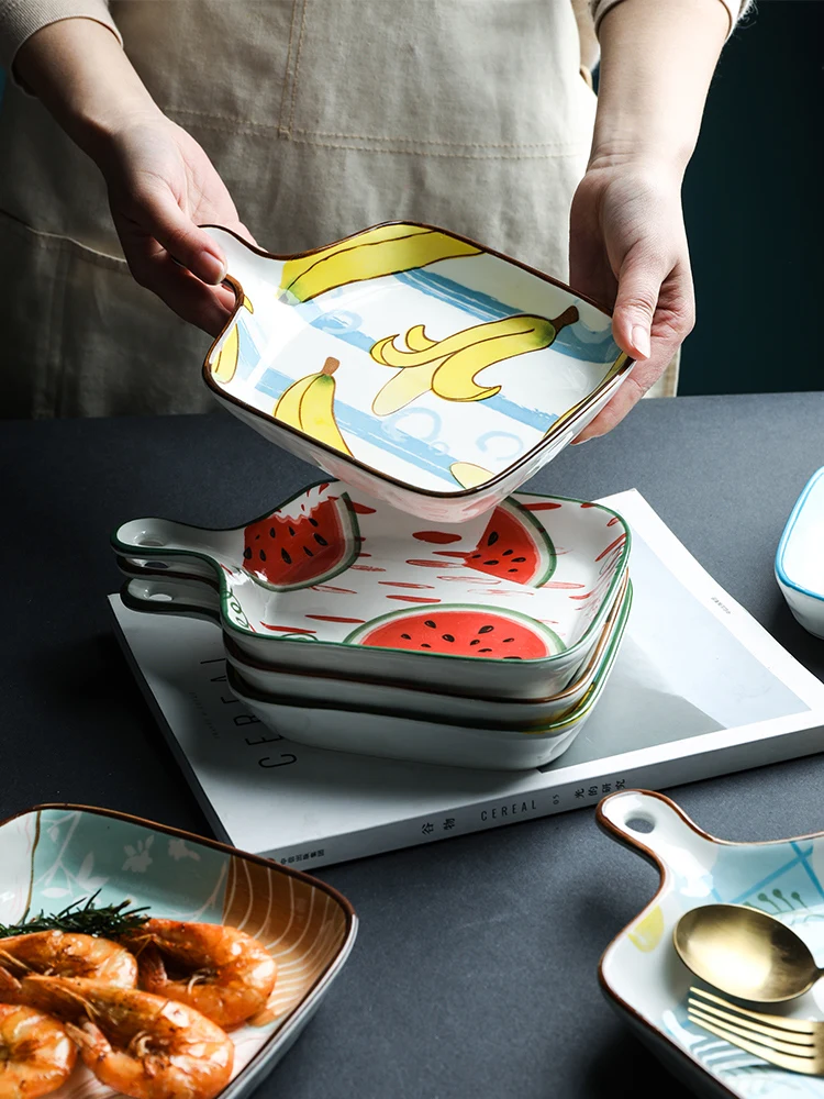 

Креативные Мультяшные обеденные тарелки в скандинавском стиле, милые керамические тарелки, Обеденный набор, блюдо с ручкой, тарелка Seti, кух...
