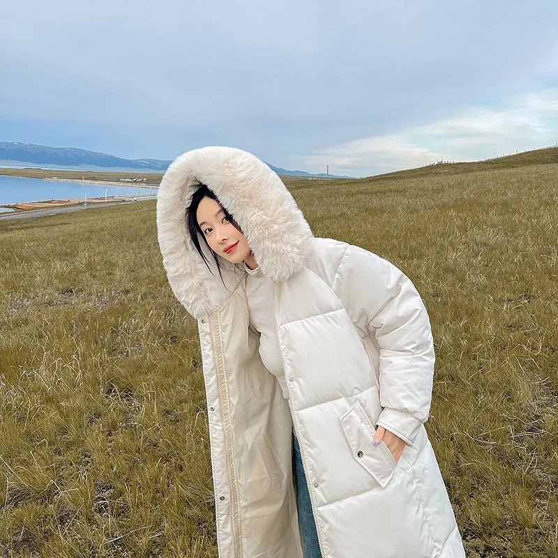 New Winter Cotton Jacket for Women Hooded SolidLoose Fashion Hooded Fur Collar Medium Length Thickened Warm Lady Cotton Jacket
