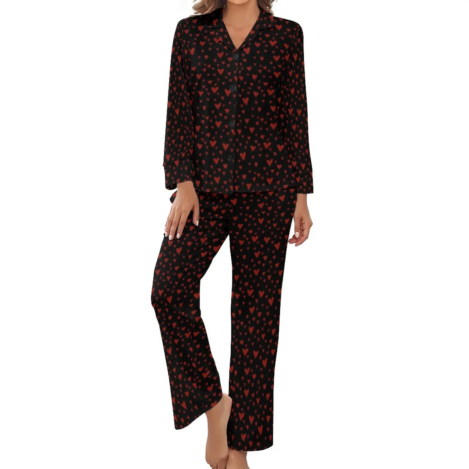 

Red Hearts Pajamas Love Valentine Long-Sleeve Kawaii Pajama Sets 2 Pieces Aesthetic Autumn Design Sleepwear Gift Idea