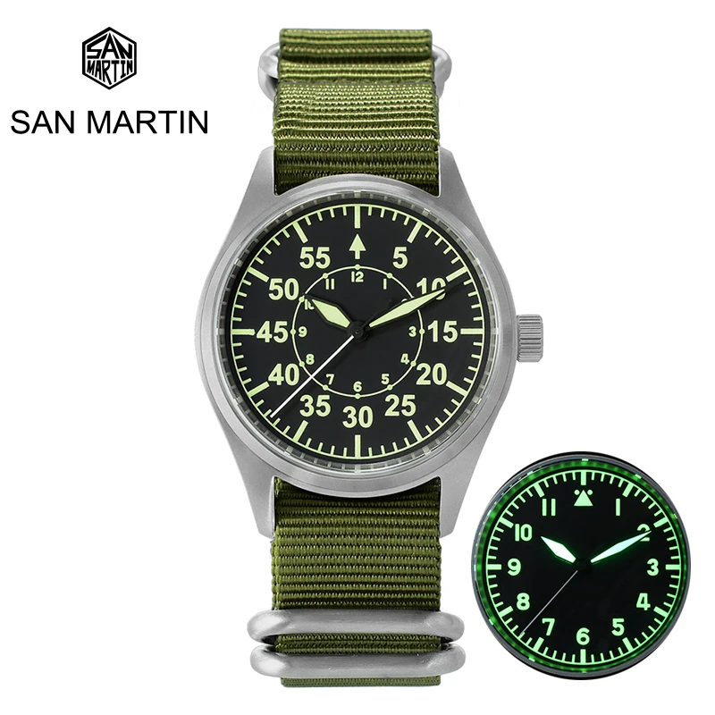 

San Martin New Pilot Titanium Vintage Military Enthusiasts NH35 Automatic Mechanical Men Watch Nylon Strap Waterproof Luminous