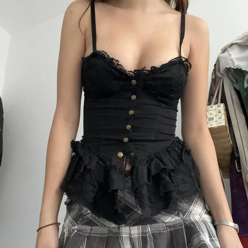 

Women's Corset Tops Gothic Spaghetti Strap Lace Patchwork Button Down Cami Tops Summer Shirt