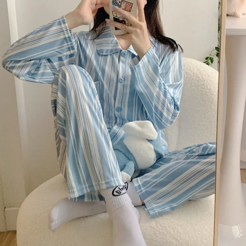 QWEEK Women Loungewear Two Piece Set Summer Autumn Pajamas Blue and White Stripes Pijamas Simple Style Cute Pyjamas Sleepwear